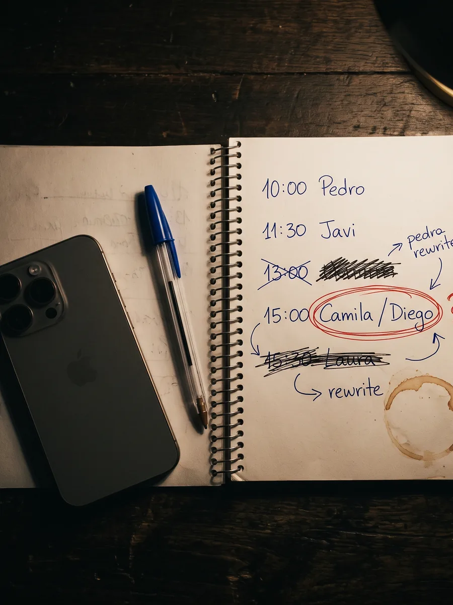 Hoja de cuaderno con horas tachadas y dos clientes anotados en la misma hora